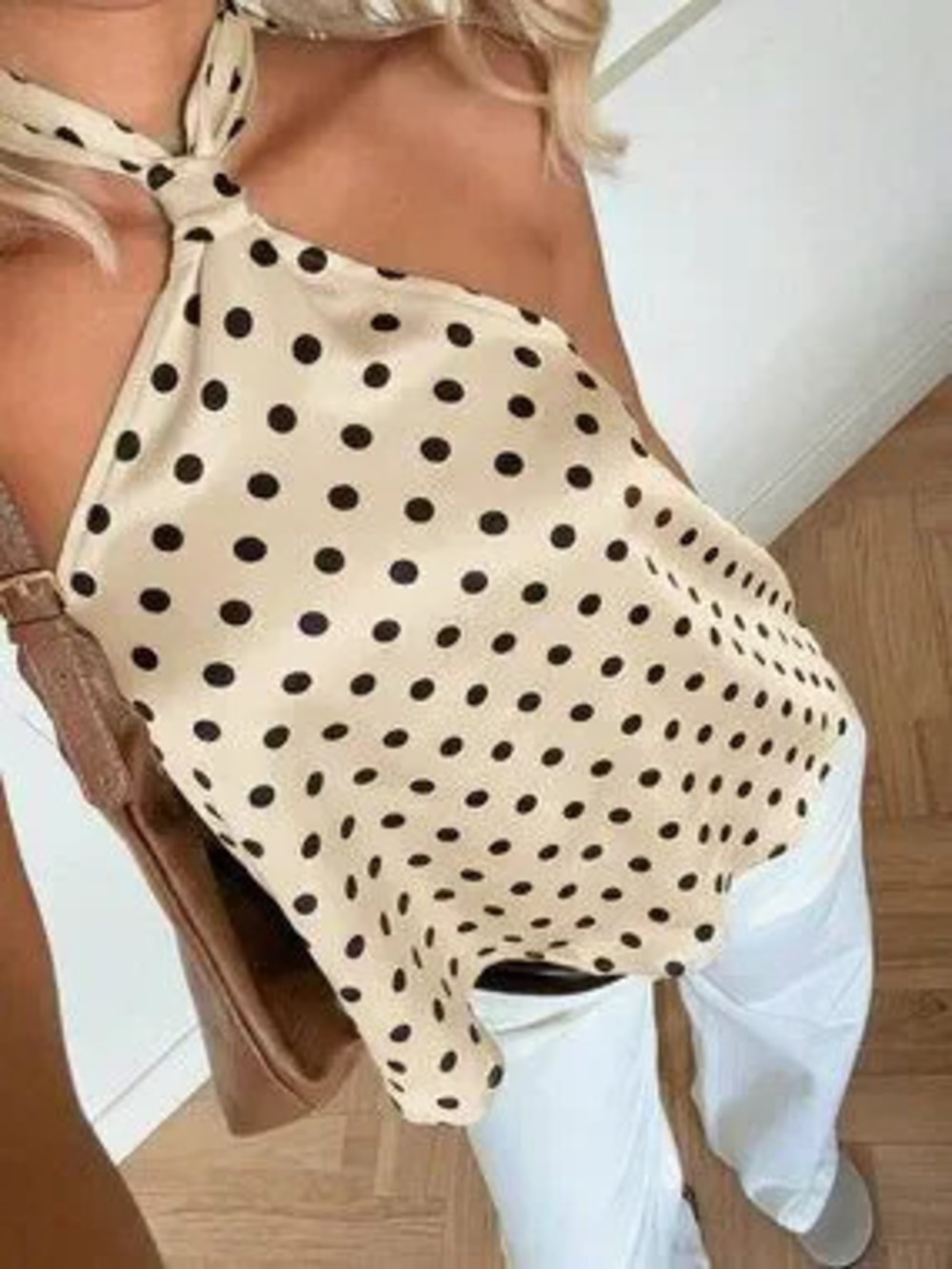 Apricot Casual Women's Elegant Loose Halter Neck Tie Polka Dot Blouse